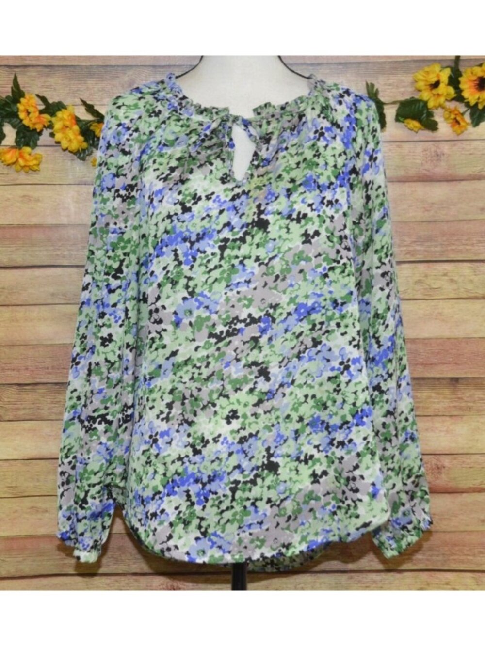 Maria Gabrielle Ladies Abstract Floral Blouse Top Size L Pleated Chiffon Artsy